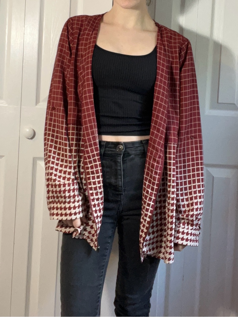 Pleione Burgundy and White Open-Front Patterned Cardigan